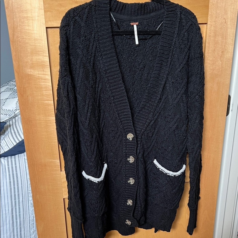Free People Cozy Black Cable Knit Cardigan